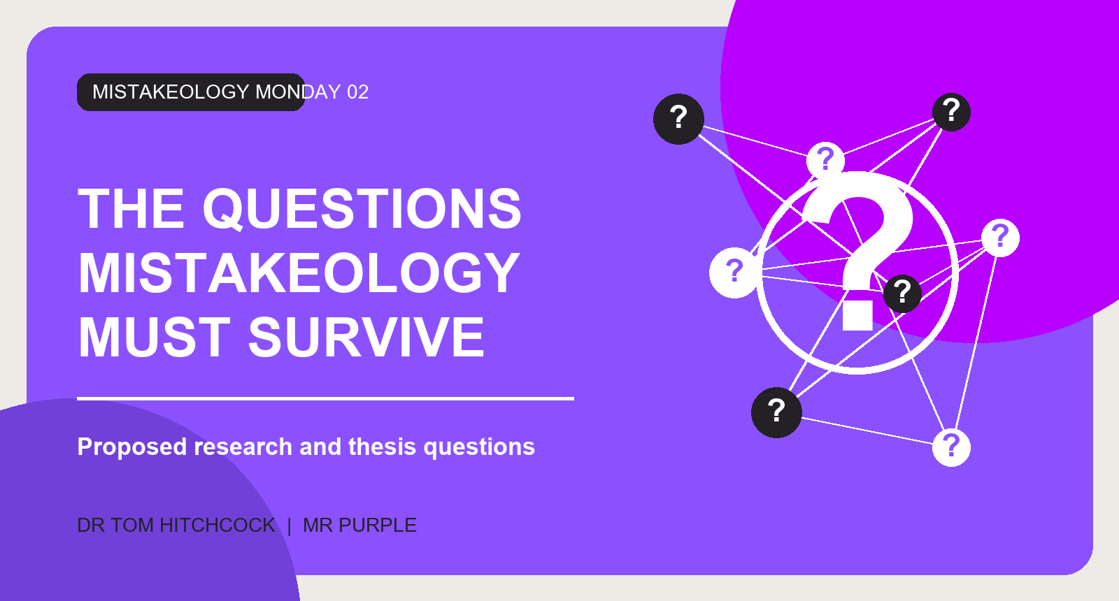 Purple editorial graphic titled The Questions Mistakeology Must Survive, showing a central question mark connected to research questions.